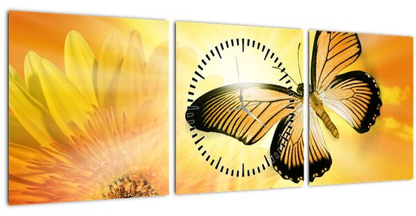 Tablou - Fluture galben cu flori (cu ceas) (90x30 cm)