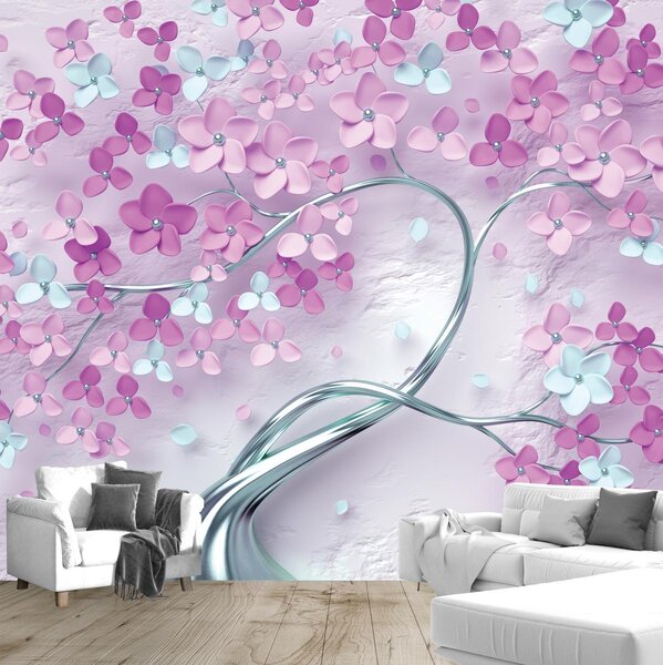 Fototapet - Copac violet cu flori 3D (296x200 cm)