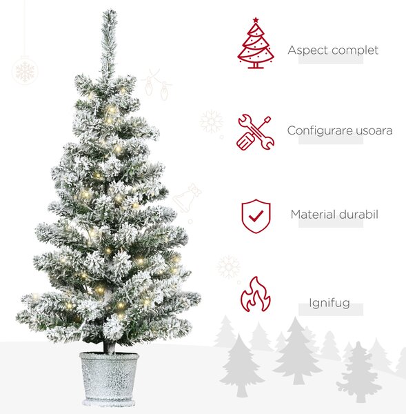Brad de Craciun Artificial Inzapezit 60 de Lumini LED Albe si 116 Ramuri, Baza cu vas detasabil HOMCOM | Aosom RO