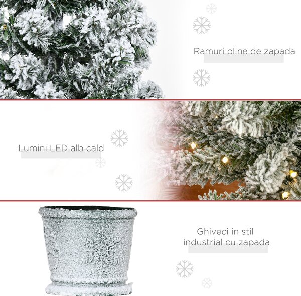 Brad de Craciun Artificial Inzapezit 60 de Lumini LED Albe si 116 Ramuri, Baza cu vas detasabil HOMCOM | Aosom RO
