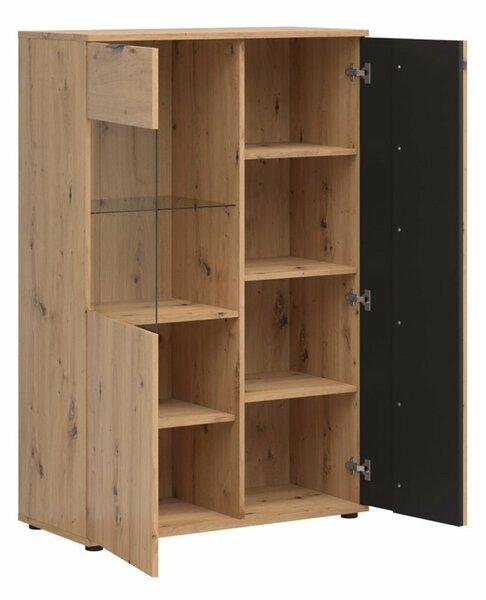 Raft Orlnolu 106, Stejar artizan, Negru, MDF, PAL laminat, Sticlă, 138x91x40cm, 55.6 kg