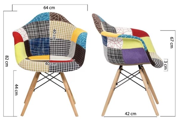 Scaun dining GAIA, tapiterie Patchwork, picioare din lemn, Multicolor