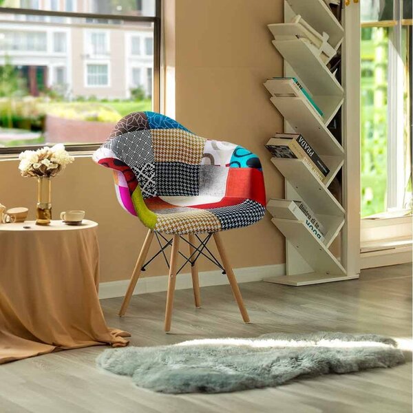 Scaun dining GAIA, tapiterie Patchwork, picioare din lemn, Multicolor
