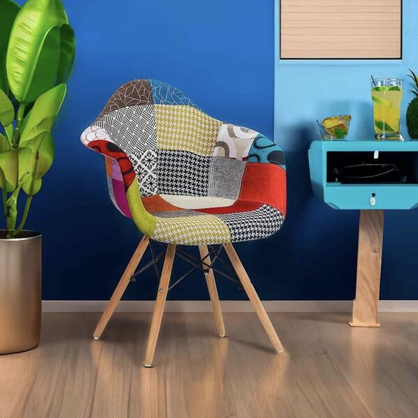 Scaun dining GAIA, tapiterie Patchwork, picioare din lemn, Multicolor