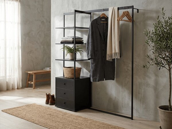 Suport pentru haine cu raft ARDEO 150x180 cm, negru