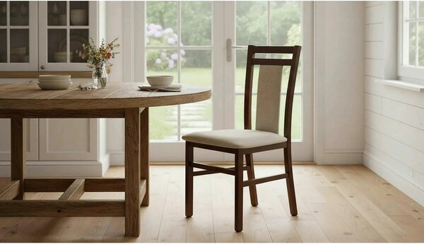 Scaun tapitat HUBERT 8, bej/nuc, stofa clasica/lemn, 45x51x90 cm