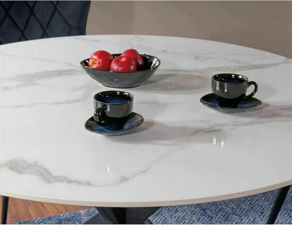 Masa TALIA, alb cu efect de marmura/negru mat, ceramica/metal, 90x90x7