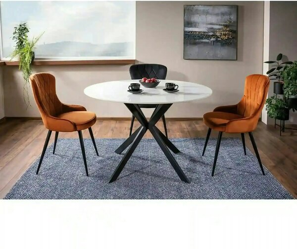 Masa TALIA, alb cu efect de marmura/negru mat, ceramica/metal, 90x90x7