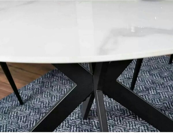 Masa TALIA, alb cu efect de marmura/negru mat, ceramica/metal, 90x90x7