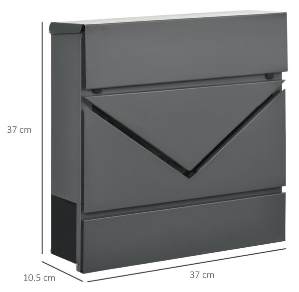 HOMCOM Cutie Postala din Otel Zincat cu Suport Ziare si 2 Chei de Securitate incluse, 37x10.5x37 cm, Gri | Aosom Romania