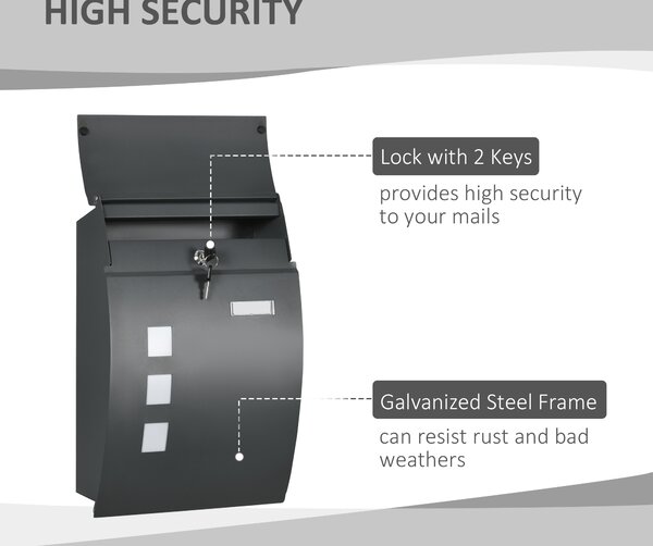 HOMCOM Cutie Postala Curbata din Otel Zincat cu 3 Fante si 2 Chei de Securitate incluse, 45x10x32 cm, Gri | Aosom Romania