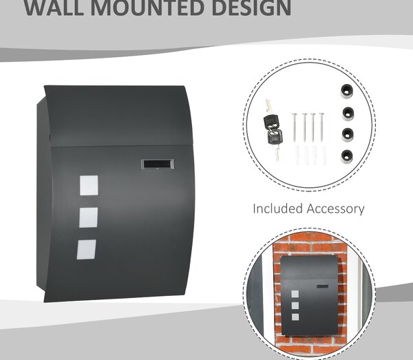 HOMCOM Cutie Postala Curbata din Otel Zincat cu 3 Fante si 2 Chei de Securitate incluse, 45x10x32 cm, Gri | Aosom Romania