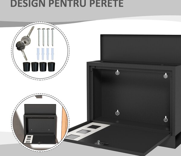 HOMCOM Cutie Poștală de Perete, Rezistentă la Intemperii, cu Ferestre de Vizualizare, 2 Chei, 36.5x11.5x29cm, Negru | Aosom Romania