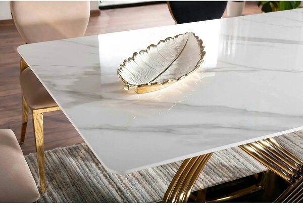 Masa dining 160 cm HERMES, alb cu efect de marmura/auriu, ceramica/met
