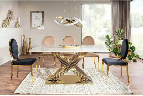 Masa dining 160 cm HERMES, alb cu efect de marmura/auriu, ceramica/met