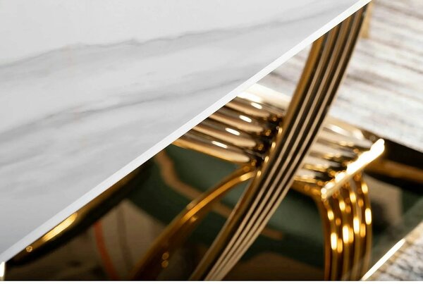 Masa dining 160 cm HERMES, alb cu efect de marmura/auriu, ceramica/met