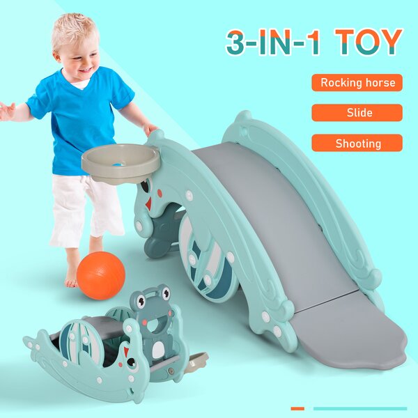 Cal balansoar HOMCOM 3-in-1 leagan din plastic, Tobogan pentru copii 3-5 ani, cos, HDPE, Verde | Aosom Romania