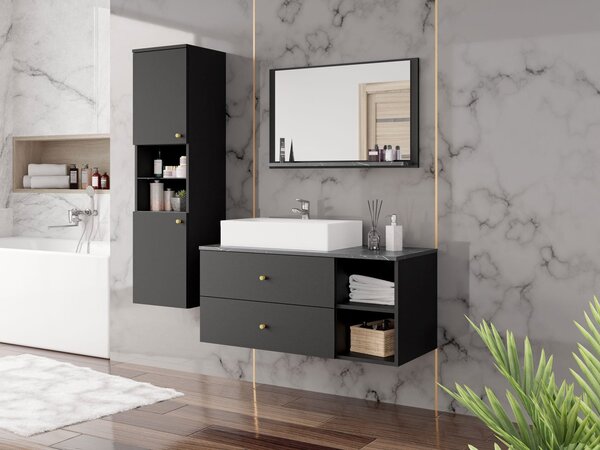 Z0ND0 Mobilier baie Kiago II (Negru mat + Marmură Negru + auriu) (cu chiuvetă). 1103957