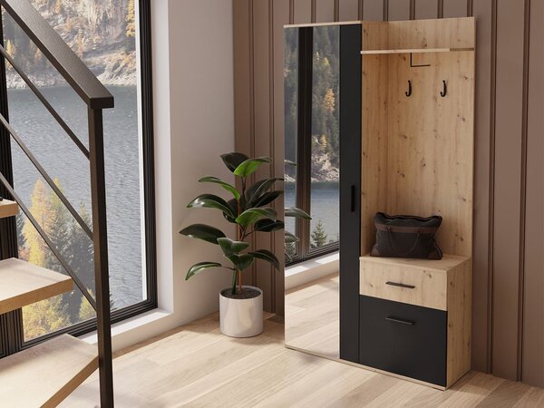 Mobilier hol Cless (Stejar artisan + Negru) (cu oglindă). 1104707