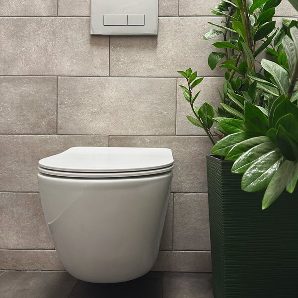 Vas de toaletă Rea Carlo Mini Rimless, montat pe perete 49x36,5 cm cu scaun cu închidere lentă, alb, REA-C1259