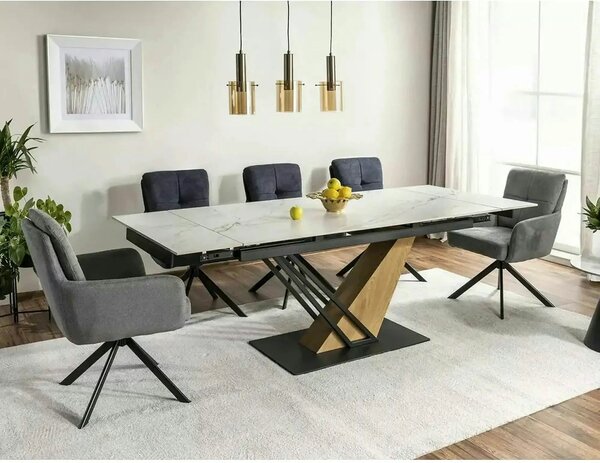 Masa extensibila GENESIS, alb cu efect de marmura/negru/stejar, 160/22