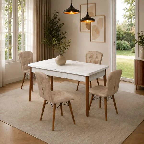 Set masa alba extensibila cu 6 scaune tapitate maro Homs Cristal 170 x 80 cm, picioare lemn