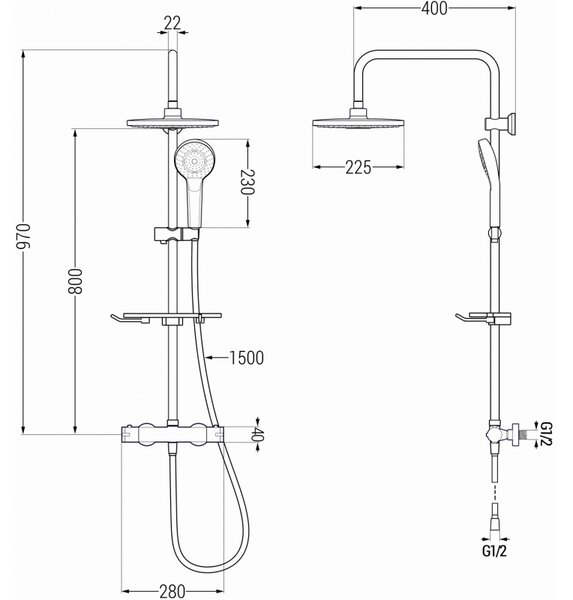 Set de duș Mexen KT05 cu robinet termostatic Kai, alb-crom, 771500593-00
