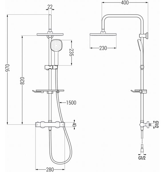 Mexen KT33 set de duș montat pe perete cu duș de ploaie și baterie termostatică, negru - 771503393-70