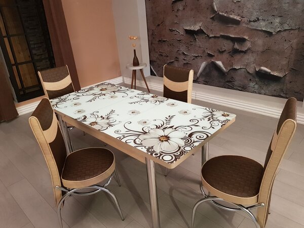 Set masa blat sticla+6 scaune Precious moments maro floral
