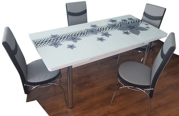 Set Masa extensibila geam securizat + 6 scaune Silver Glam Modella, 170x80x70 cm, blat sticla securizata, scaune piele eco, cod produs SglmH25