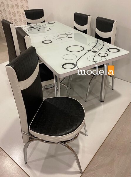 Set Masa extensibila cu 6 scaune Bubble pentru bucatarie alb, 170x80x70 cm, blat sticla securizata, scaune piele eco