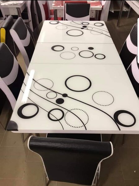 Set Masa extensibila cu 6 scaune Bubble pentru bucatarie alb, 170x80x70 cm, blat sticla securizata, scaune piele eco