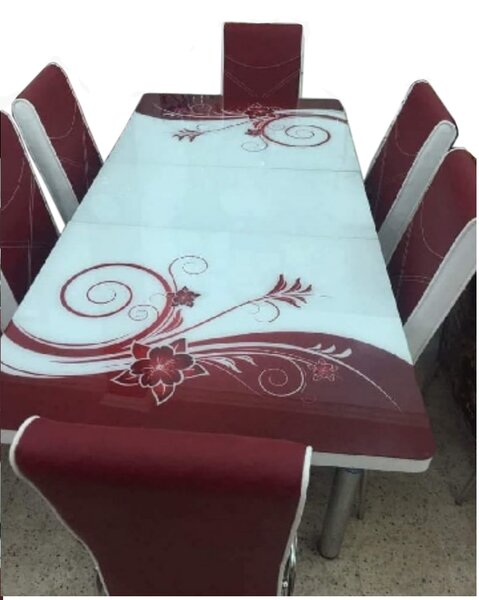Set masa extensibila si 6 scaune Elt Modella, blat sticla, 170 x 80 x 70 cm, decor floral, visniu