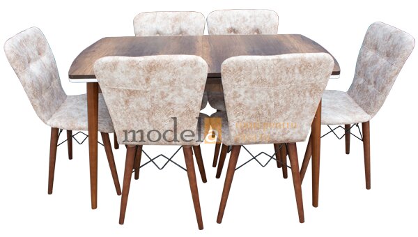 Set masa Nuc Elegant MDF picioare lemn + 6 scaune , 160x75x75 cm, blat de mdf, scaune material textil, cod produs E6®️