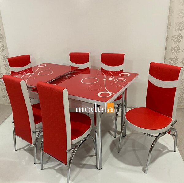 Set Masa extensibila cu 4 scaune BUBBLE pentru bucatarie rosu, 170x80x70 cm, blat sticla securizata, scaune piele eco