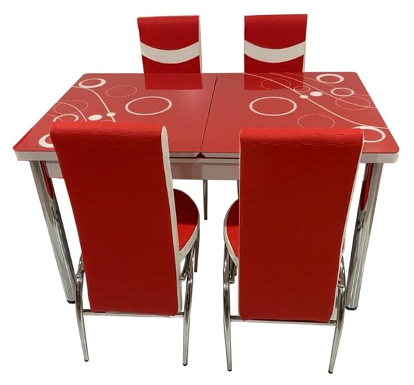 Set Masa extensibila cu 4 scaune BUBBLE pentru bucatarie rosu, 170x80x70 cm, blat sticla securizata, scaune piele eco