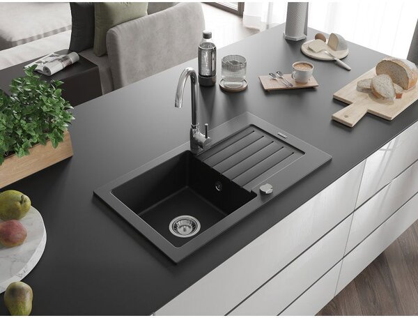 Mexen Pablo chiuvetă de bucătărie din granit cu 1 compartiment și scurgător 752 x 436 mm, negru, sifon crom - 6510751010-77