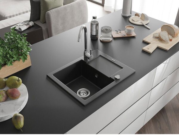 Mexen Enzo chiuvetă de granit cu 1 compartiment și scurgător 576 x 465 mm, negru, sifon crom - 6506571005-77