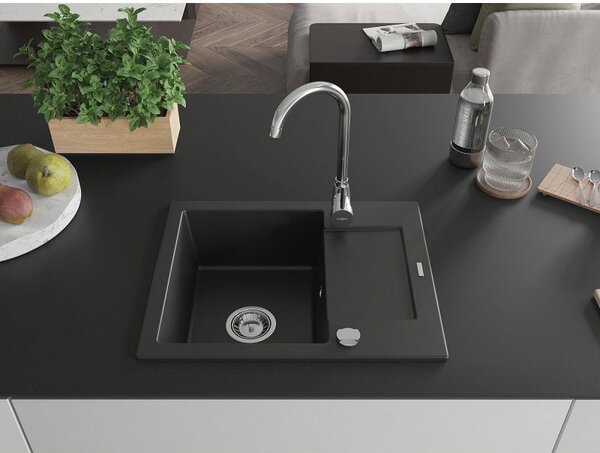 Mexen Enzo chiuvetă de granit cu 1 compartiment și scurgător 576 x 465 mm, negru, sifon crom - 6506571005-77