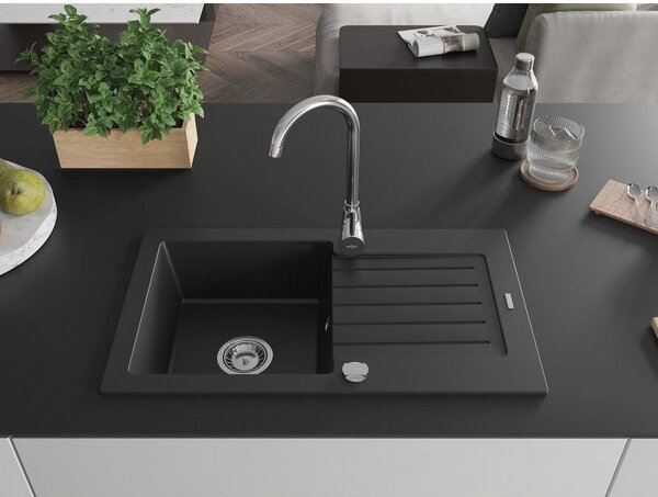 Mexen Pablo chiuvetă de bucătărie din granit cu 1 compartiment și scurgător 752 x 436 mm, negru, sifon crom - 6510751010-77
