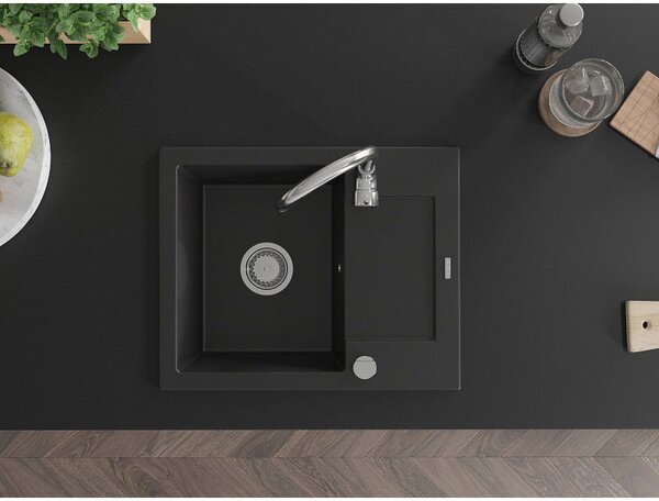 Mexen Enzo chiuvetă de granit cu 1 compartiment și scurgător 576 x 465 mm, negru, sifon crom - 6506571005-77
