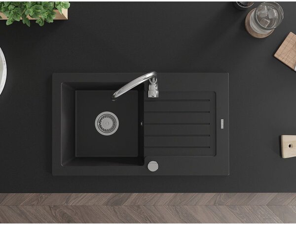 Mexen Pablo chiuvetă de bucătărie din granit cu 1 compartiment și scurgător 752 x 436 mm, negru, sifon crom - 6510751010-77