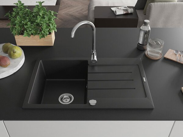 Mexen Bruno chiuvetă de bucătărie din granit cu 1 cuvă și picurător 795 x 495 mm, negru, sifon crom - 6513791010-77