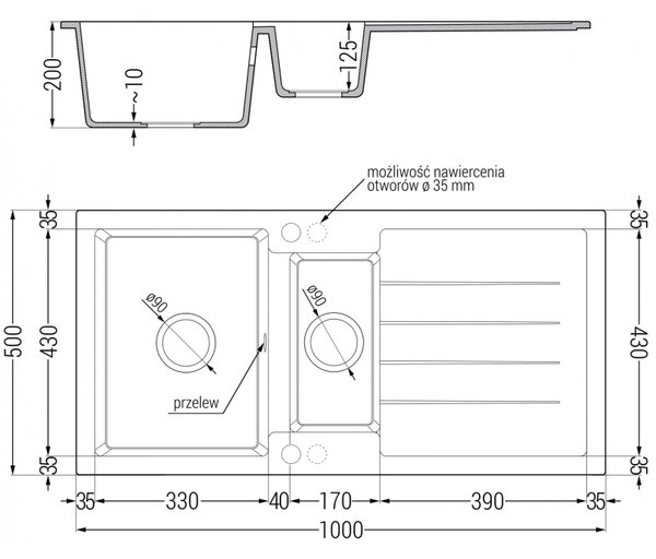 Mexen Andres, chiuvetă din granit 1000x500x200 mm, 1,5 camere, pete negre cu sifon auriu, 6515101510-76-G
