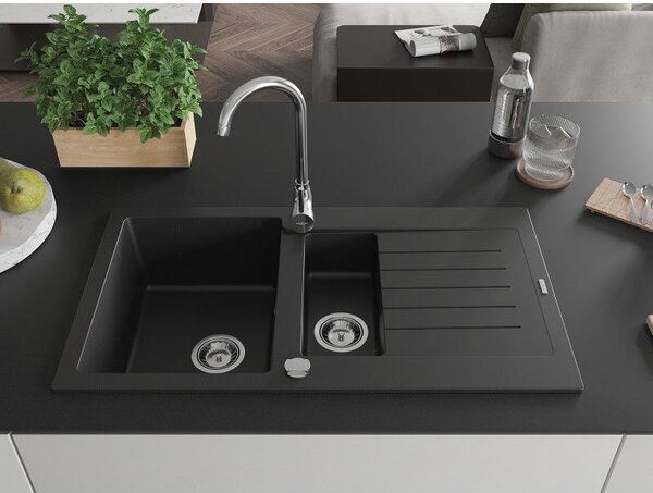 Mexen Matias chiuvetă de granit cu 1,5 compartimente și scurgător 900 x 505 mm, negru, sifon crom - 6502901505-77