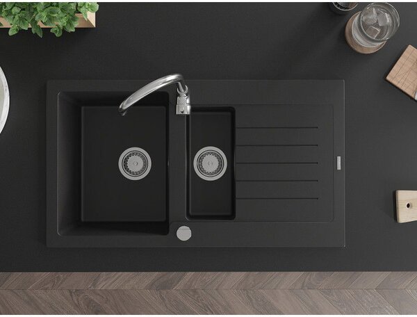 Mexen Matias chiuvetă de granit cu 1,5 compartimente și scurgător 900 x 505 mm, negru, sifon crom - 6502901505-77