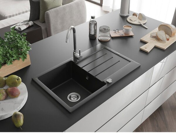Mexen Bruno chiuvetă de bucătărie din granit cu 1 cuvă și picurător 795 x 495 mm, negru, sifon crom - 6513791010-77