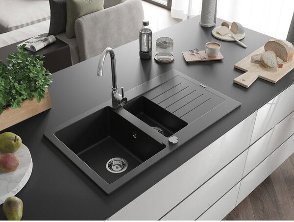 Mexen Matias chiuvetă de granit cu 1,5 compartimente și scurgător 900 x 505 mm, negru, sifon crom - 6502901505-77