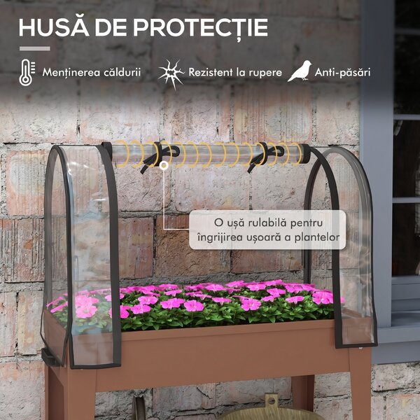 Outsunny Strat de Gradină Înălțat cu Acoperiș de Sera, Jardiniera Mobilă cu Roți și Raft Inferior pentru Legume, Flori, Ierburi | Aosom Romania