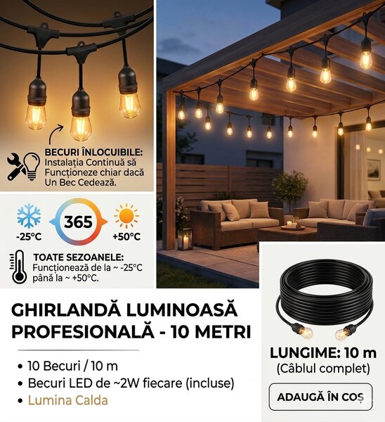 Ghirlanda luminoasa, GL-10M, 10M lungime cu 10 Becuri, Interconectabile, Lumina Calda